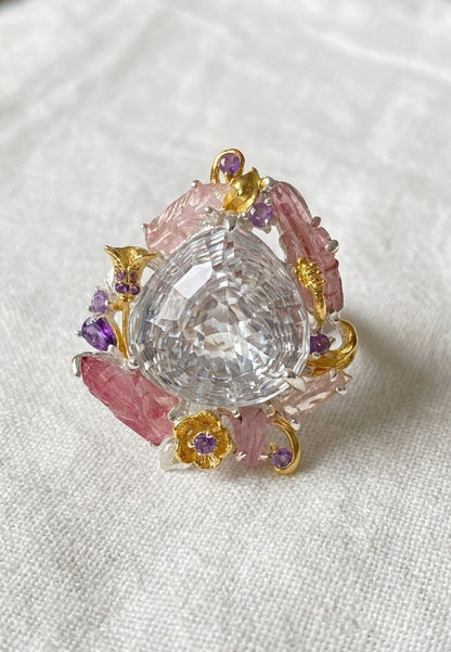 925 Sterling Silver Pear Quartz Floral Halo Pink Tourmaline Nature Ring, close-up detail, image 12
