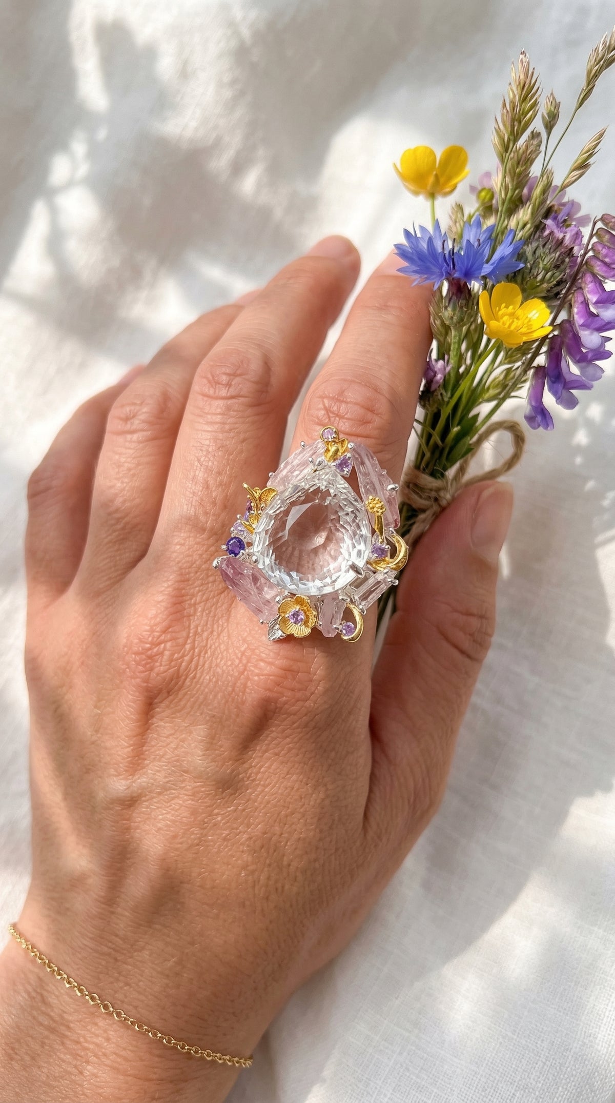 925 Sterling Silver Pear Quartz Floral Halo Pink Tourmaline Nature Ring, alternate angle