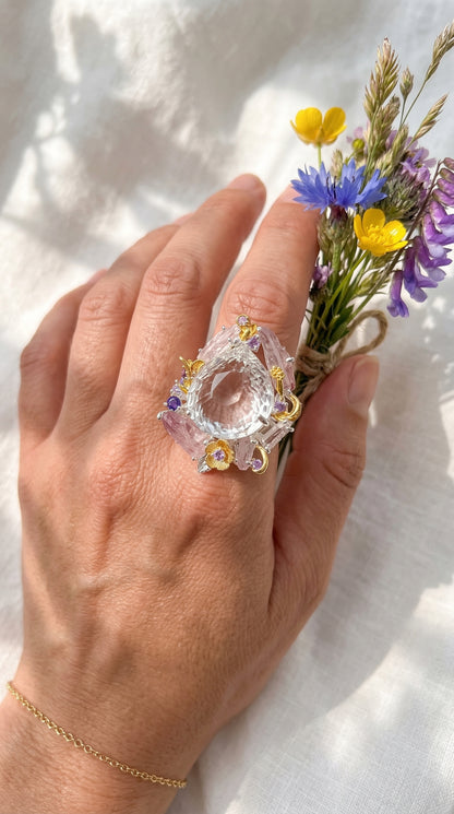 925 Sterling Silver Pear Quartz Floral Halo Pink Tourmaline Nature Ring, alternate angle