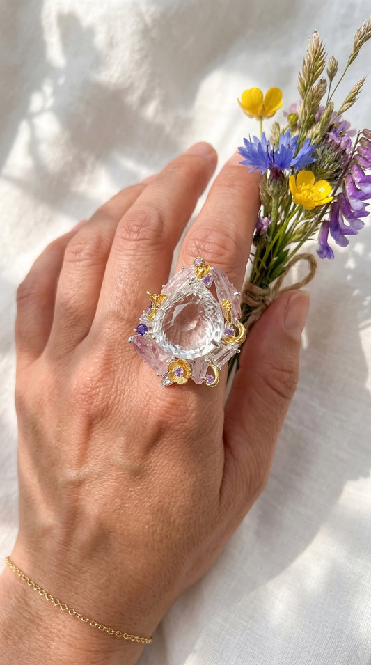 925 Sterling Silver Pear Quartz Floral Halo Pink Tourmaline Nature Ring, alternate angle