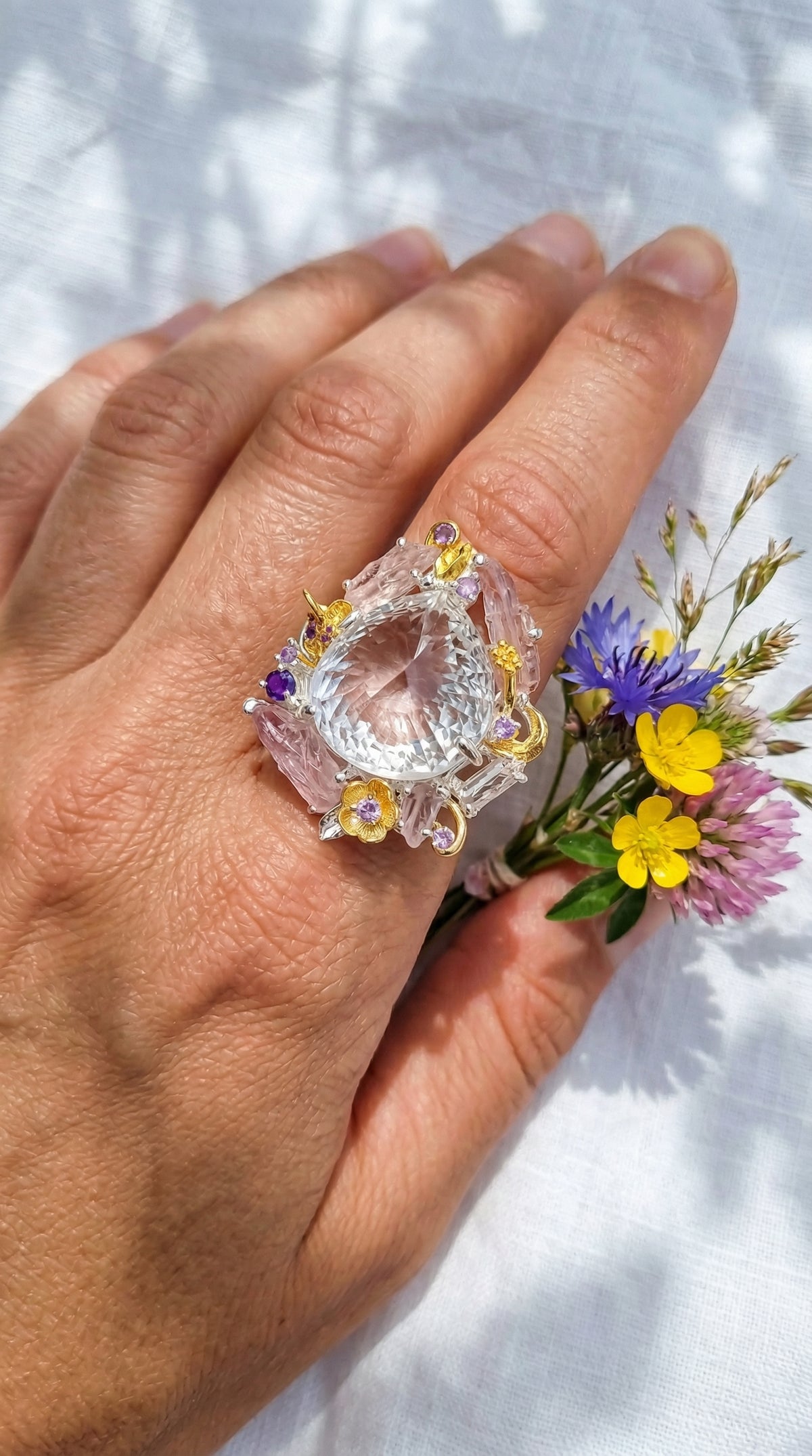 925 Sterling Silver Pear Quartz Floral Halo Pink Tourmaline Nature Ring, close-up detail