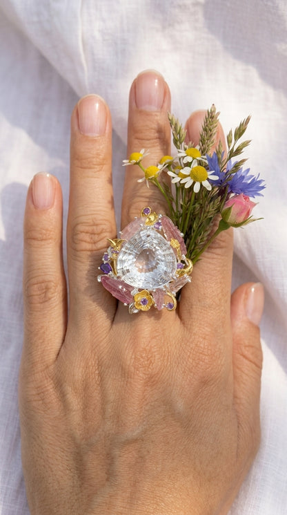 925 Sterling Silver Pear Quartz Floral Halo Pink Tourmaline Nature Ring, side view