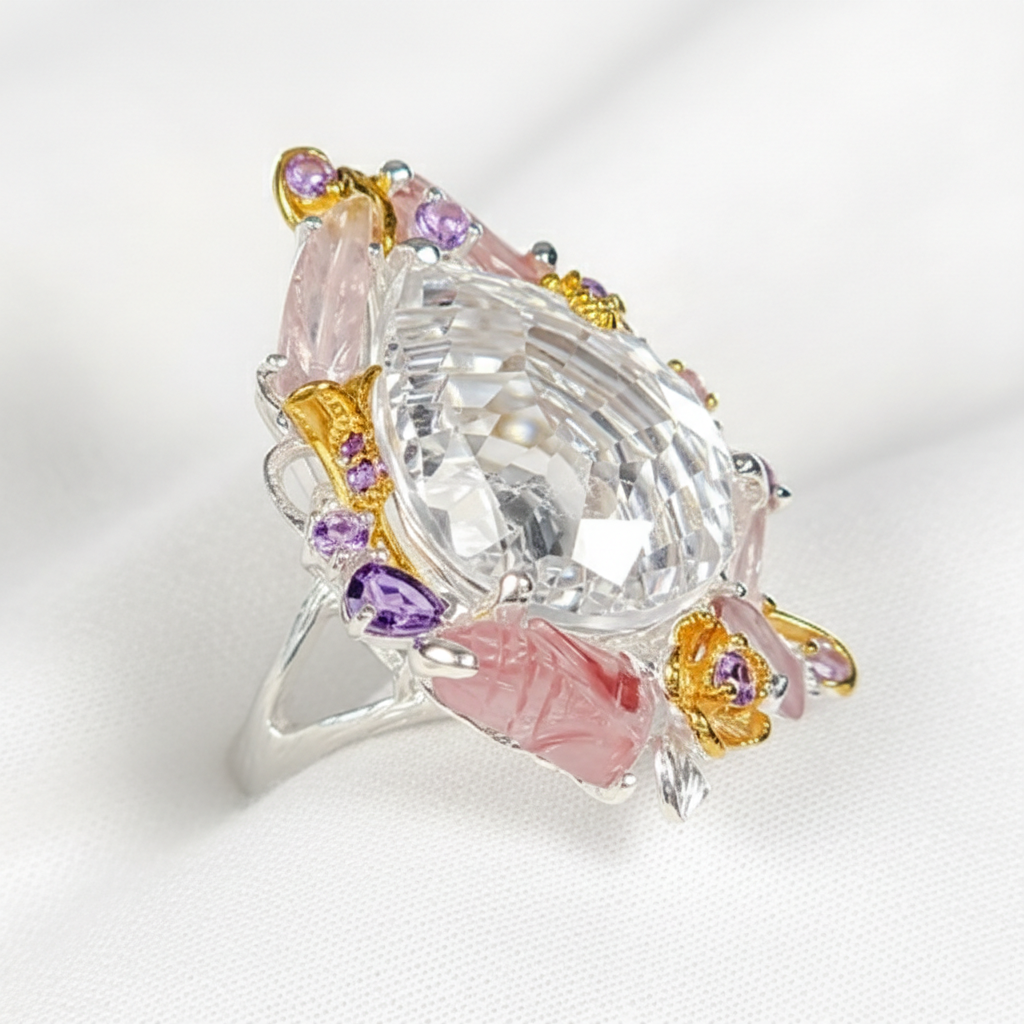 925 Sterling Silver Pear Quartz Floral Halo Pink Tourmaline Nature Ring, worn on hand