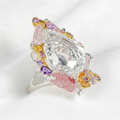 925 Sterling Silver Pear Quartz Floral Halo Pink Tourmaline Nature Ring, worn on hand