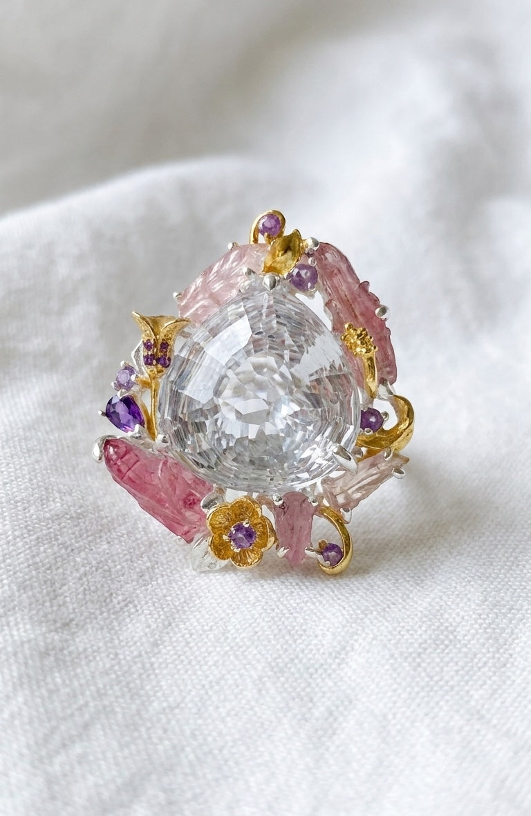925 Sterling Silver Pear Quartz Floral Halo Pink Tourmaline Nature Ring, setting detail