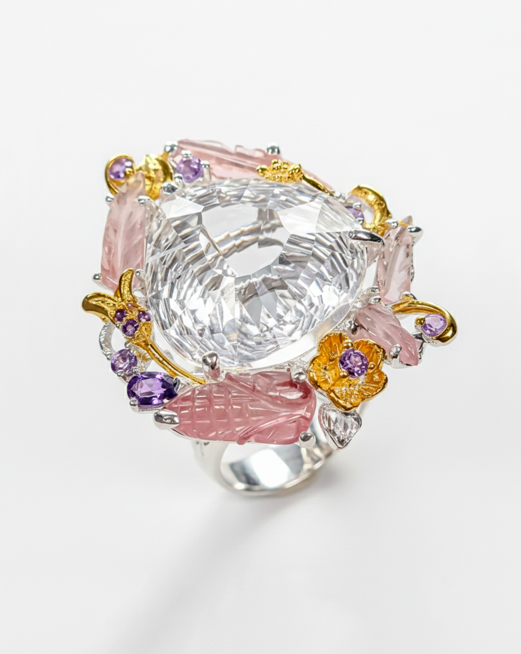 925 Sterling Silver Pear Quartz Floral Halo Pink Tourmaline Nature Ring, additional angle