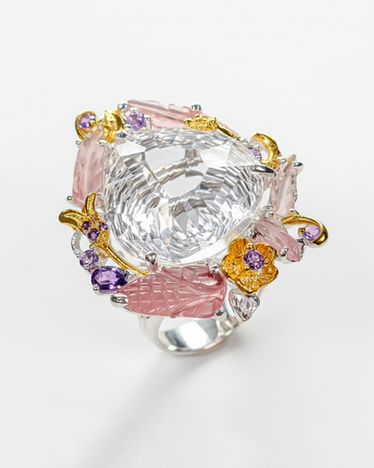 925 Sterling Silver Pear Quartz Floral Halo Pink Tourmaline Nature Ring, additional angle