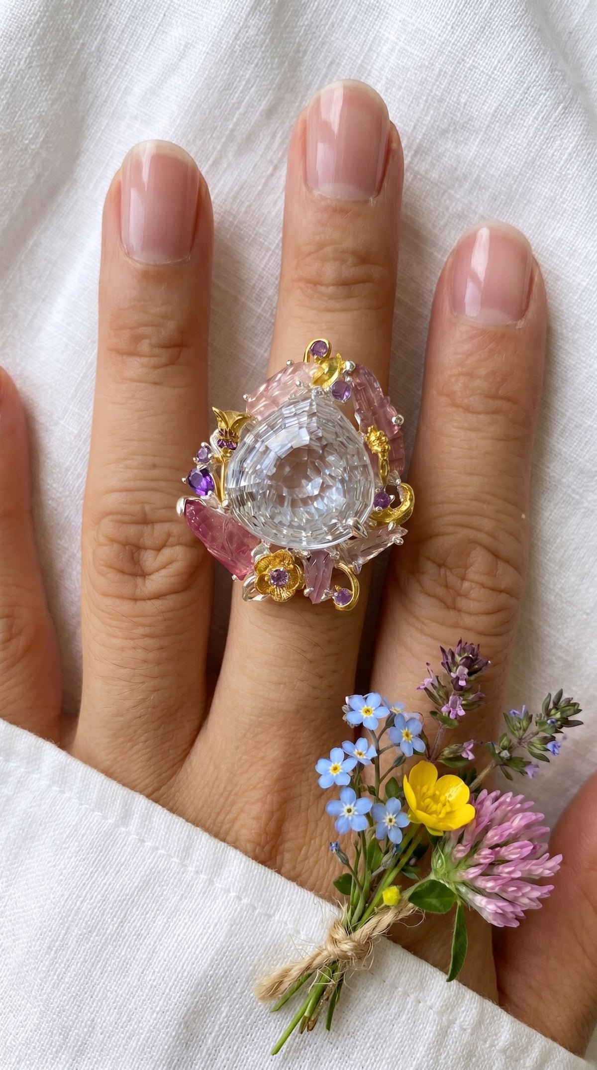 925 Sterling Silver Pear Quartz Floral Halo Pink Tourmaline Nature Ring, worn look