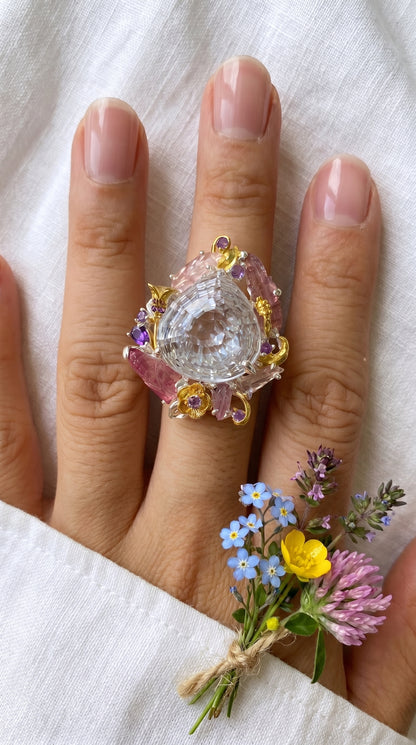 925 Sterling Silver Pear Quartz Floral Halo Pink Tourmaline Nature Ring, worn look