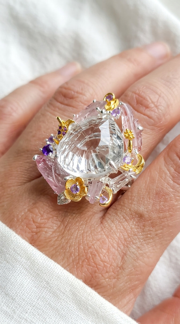 925 Sterling Silver Pear Quartz Floral Halo Pink Tourmaline Nature Ring, band detail