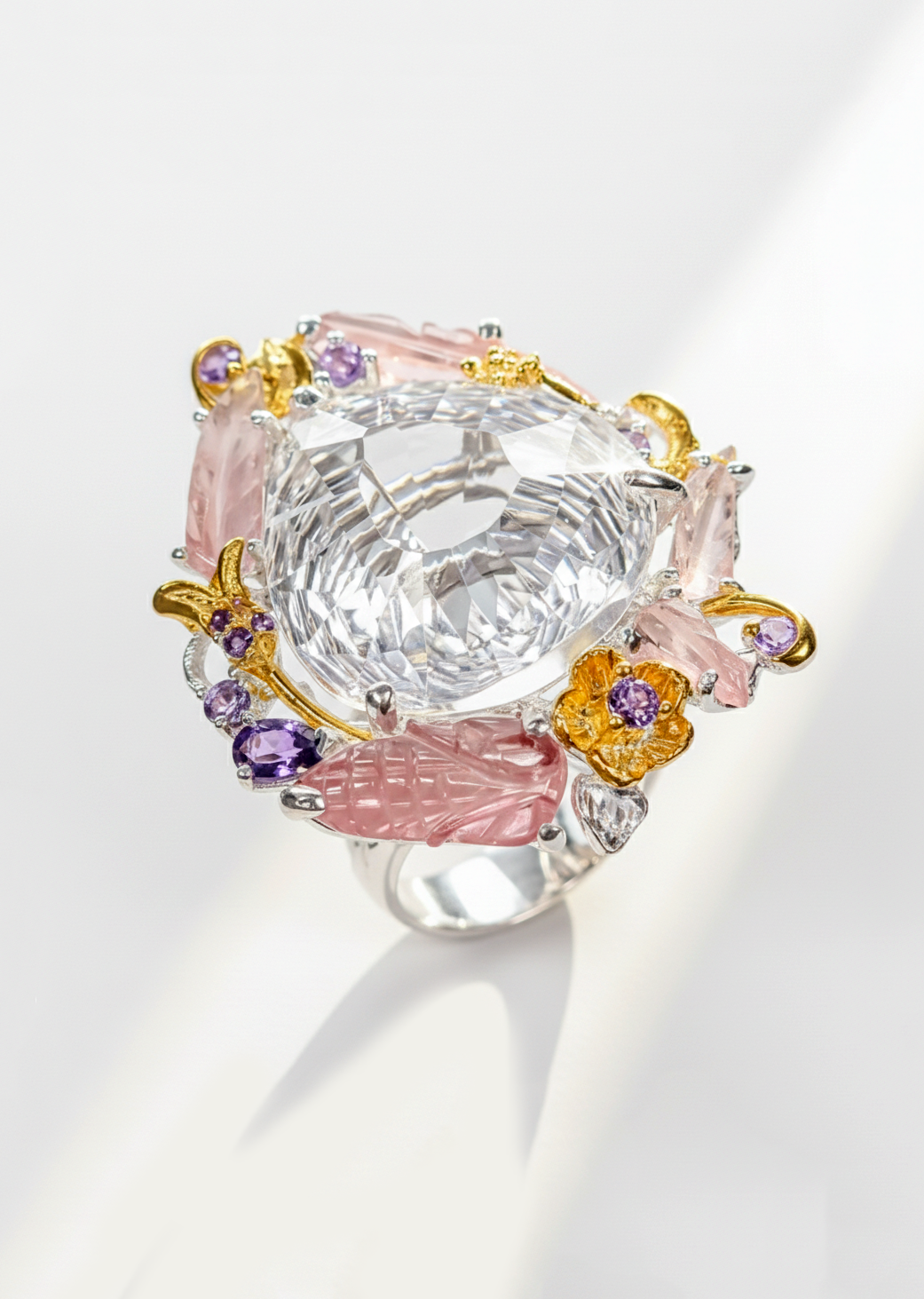 925 Sterling Silver Pear Quartz Floral Halo Pink Tourmaline Nature Ring, main product image