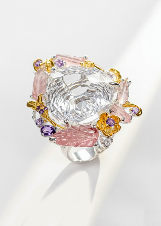 925 Sterling Silver Pear Quartz Floral Halo Pink Tourmaline Nature Ring, main product image
