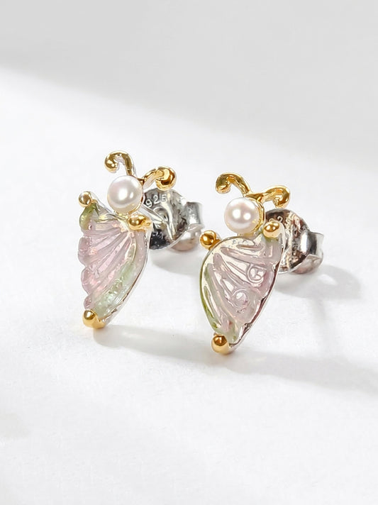 925 Silver Tourmaline Pearl Butterfly Stud Earrings