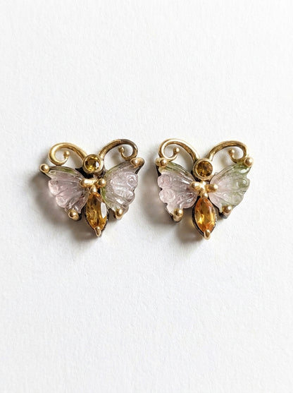 925 Silver Watermelon Tourmaline Butterfly Stud Earrings