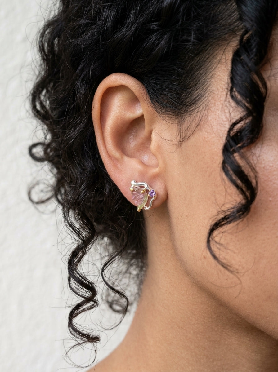 925 Silver Watermelon Tourmaline Butterfly Stud Earrings