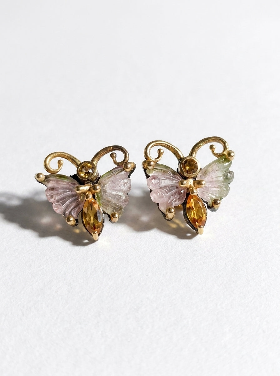 925 Silver Watermelon Tourmaline Butterfly Stud Earrings