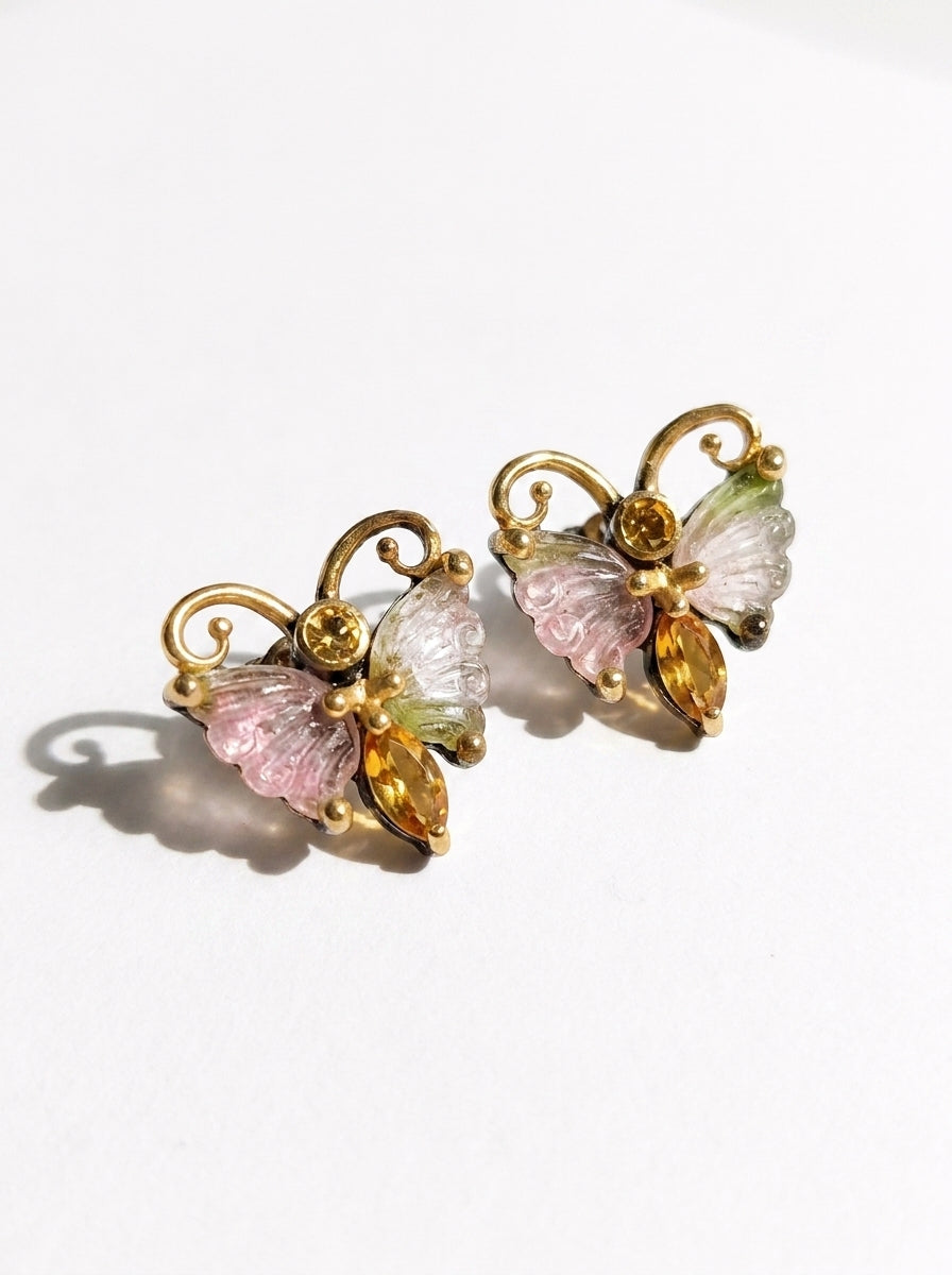 925 Silver Watermelon Tourmaline Butterfly Stud Earrings