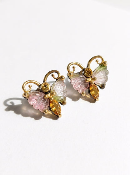 925 Silver Watermelon Tourmaline Butterfly Stud Earrings