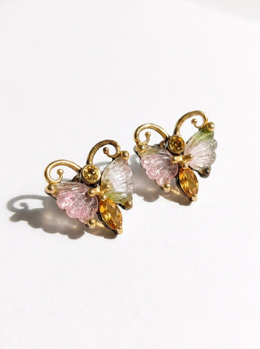 925 Silver Watermelon Tourmaline Butterfly Stud Earrings