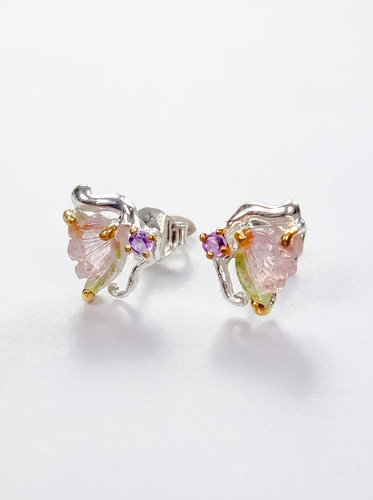 925 Silver Watermelon Tourmaline Butterfly Stud Earrings
