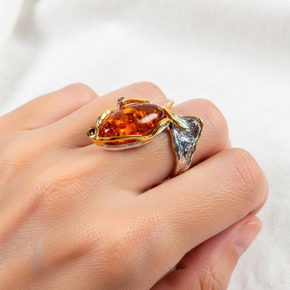 925 Sterling Silver Orange Gemstone Ring, close-up detail