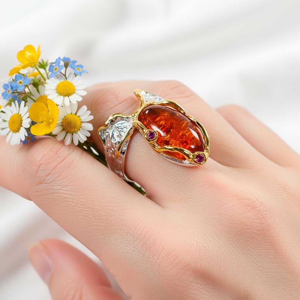 925 Sterling Silver Orange Gemstone Ring, side view