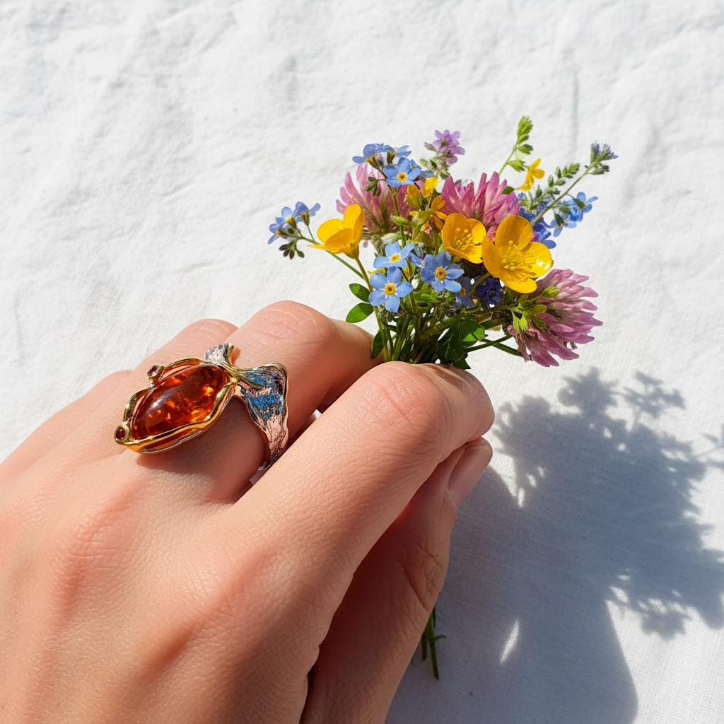 925 Sterling Silver Orange Gemstone Ring, worn on hand