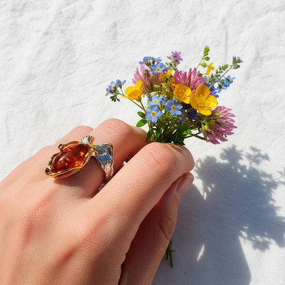 925 Sterling Silver Orange Gemstone Ring, worn on hand