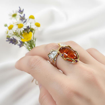 925 Sterling Silver Orange Gemstone Ring, setting detail