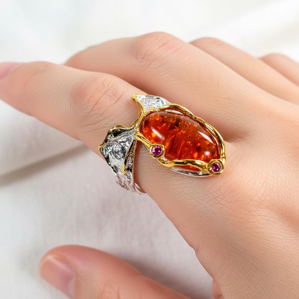 925 Sterling Silver Orange Gemstone Ring, additional angle