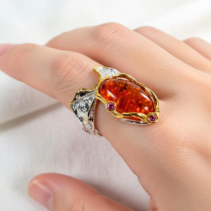 925 Sterling Silver Orange Gemstone Ring, additional angle