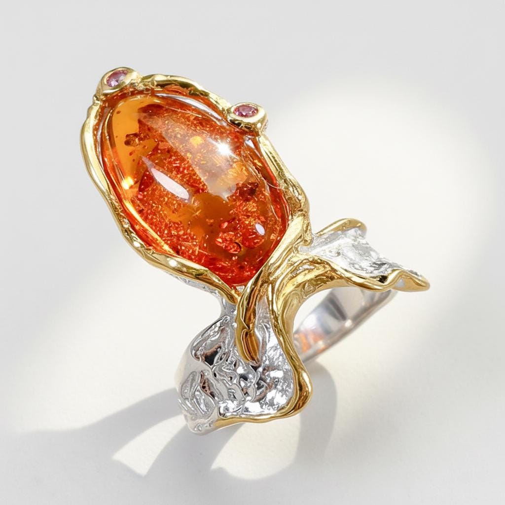 925 Sterling Silver Orange Gemstone Ring, worn look