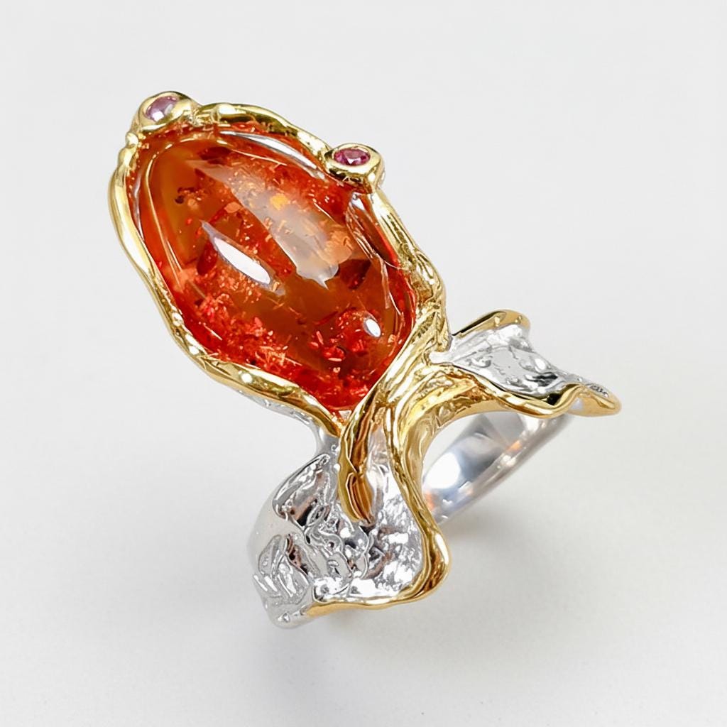 925 Sterling Silver Orange Gemstone Ring, band detail