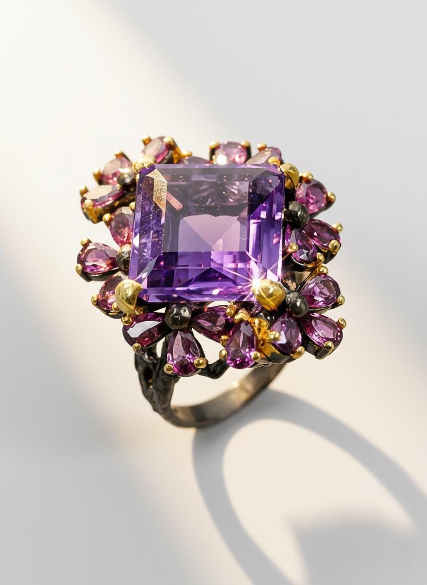 925 Sterling Silver Amethyst Ring, worn on hand