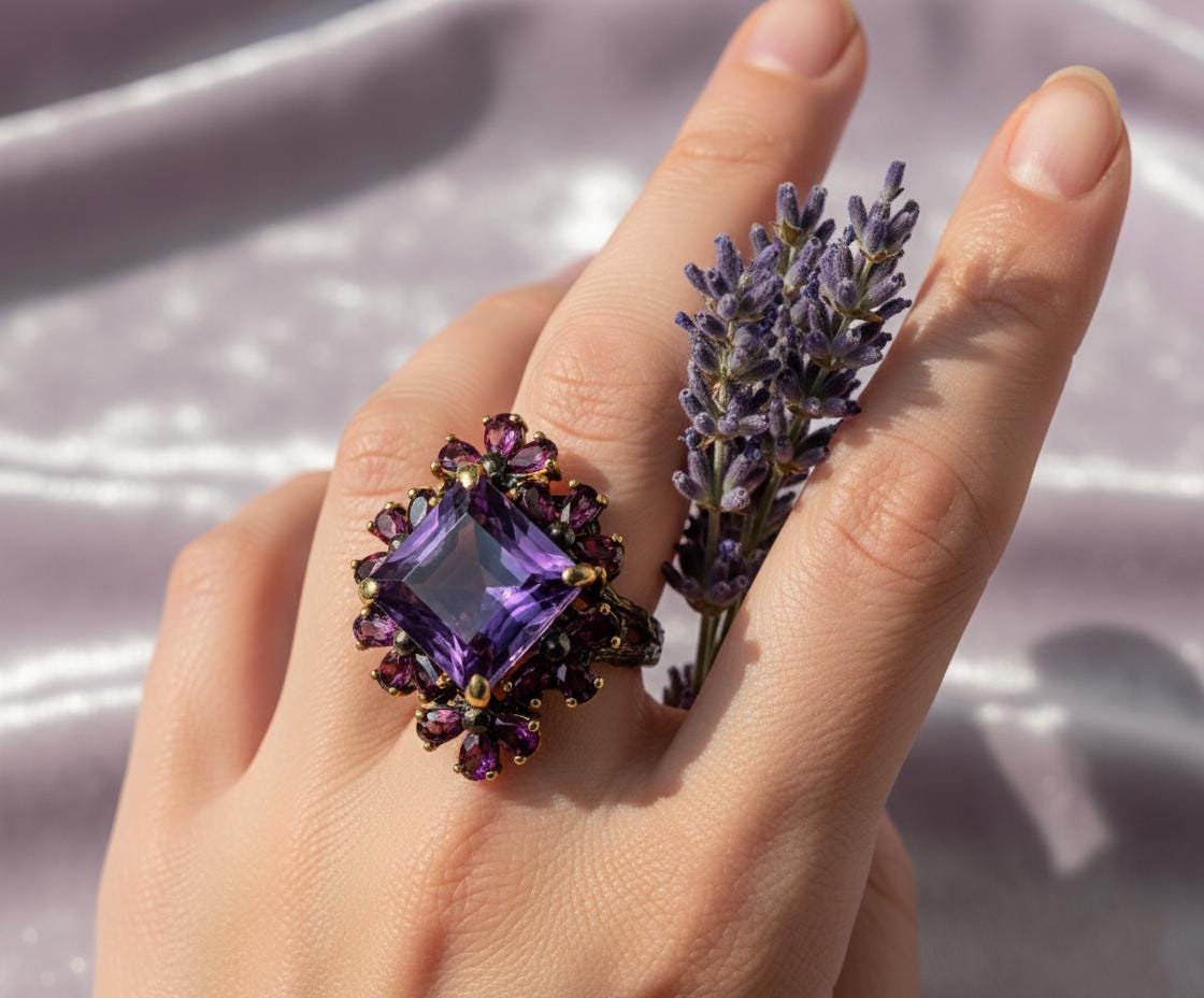 925 Sterling Silver Amethyst Ring, setting detail