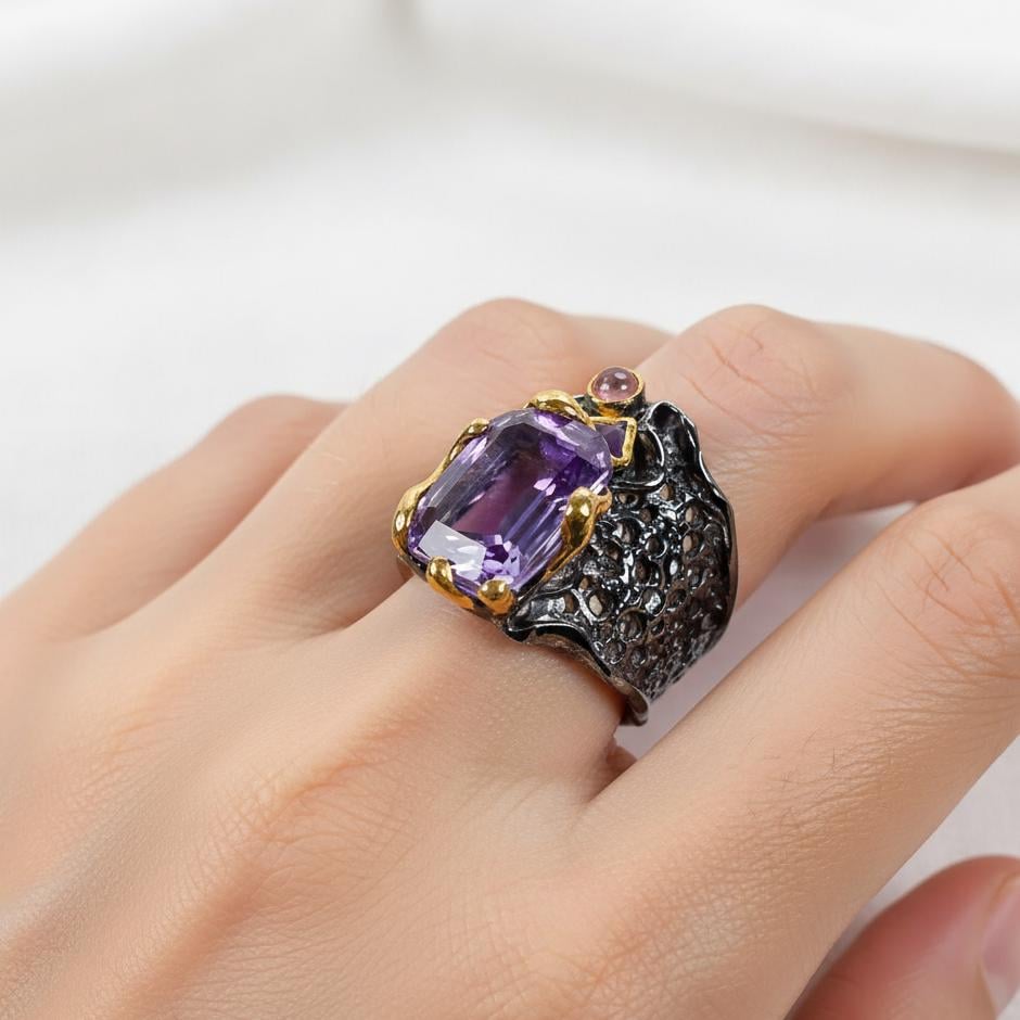 925 Sterling Silver Amethyst Ring, worn on hand