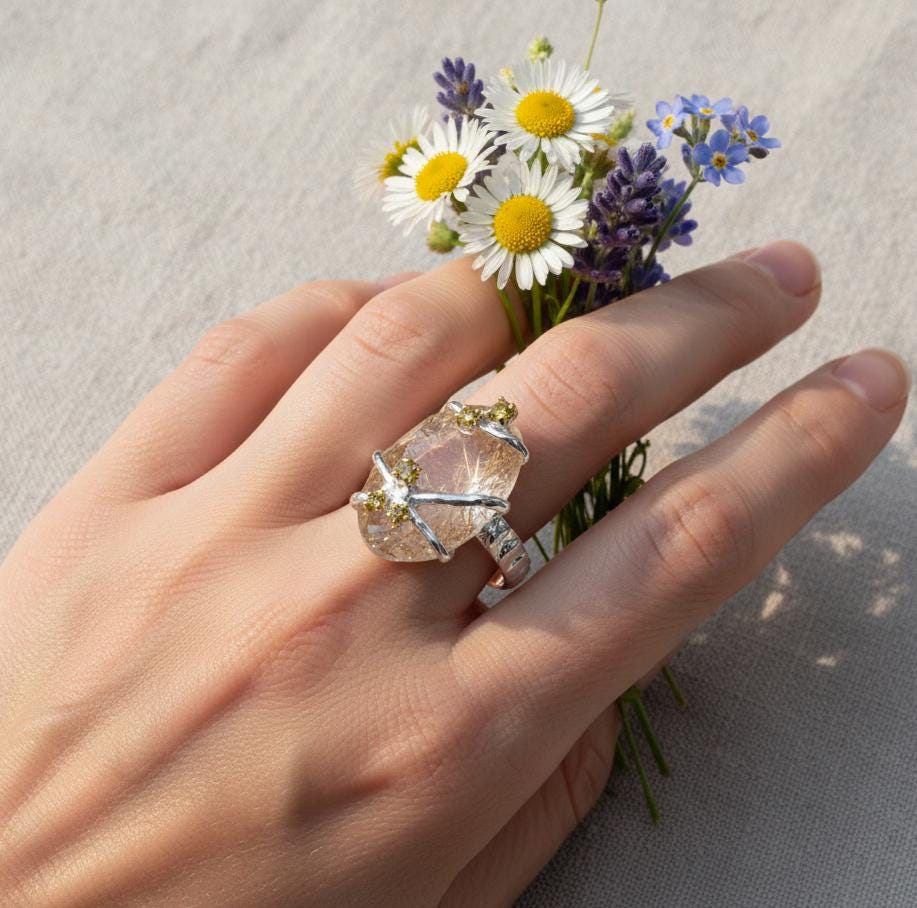925 Sterling Silver Rutile Quartz Ring, close-up detail