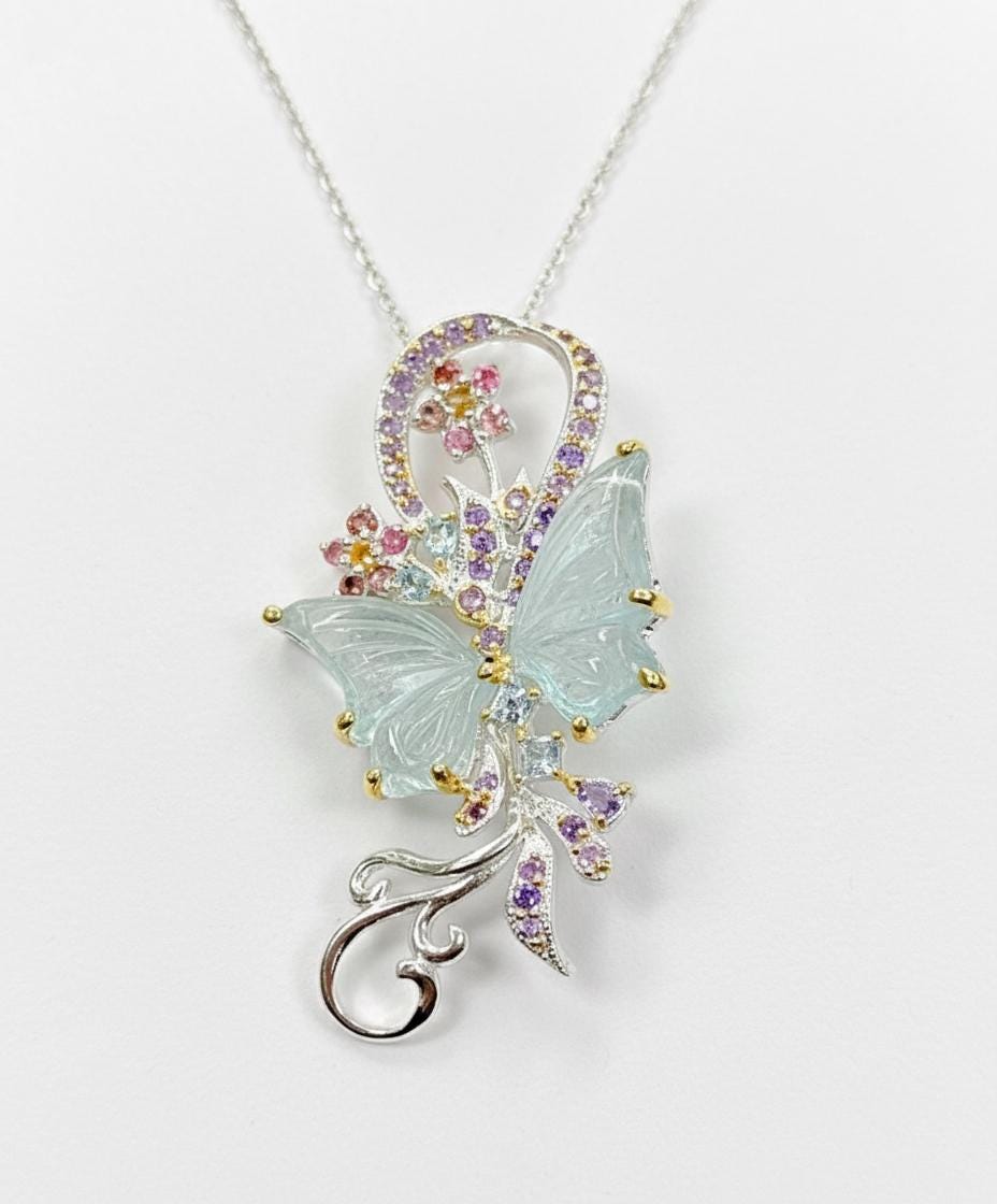 925 Sterling Silver Aquamarine Butterfly Necklace, worn view, image 13
