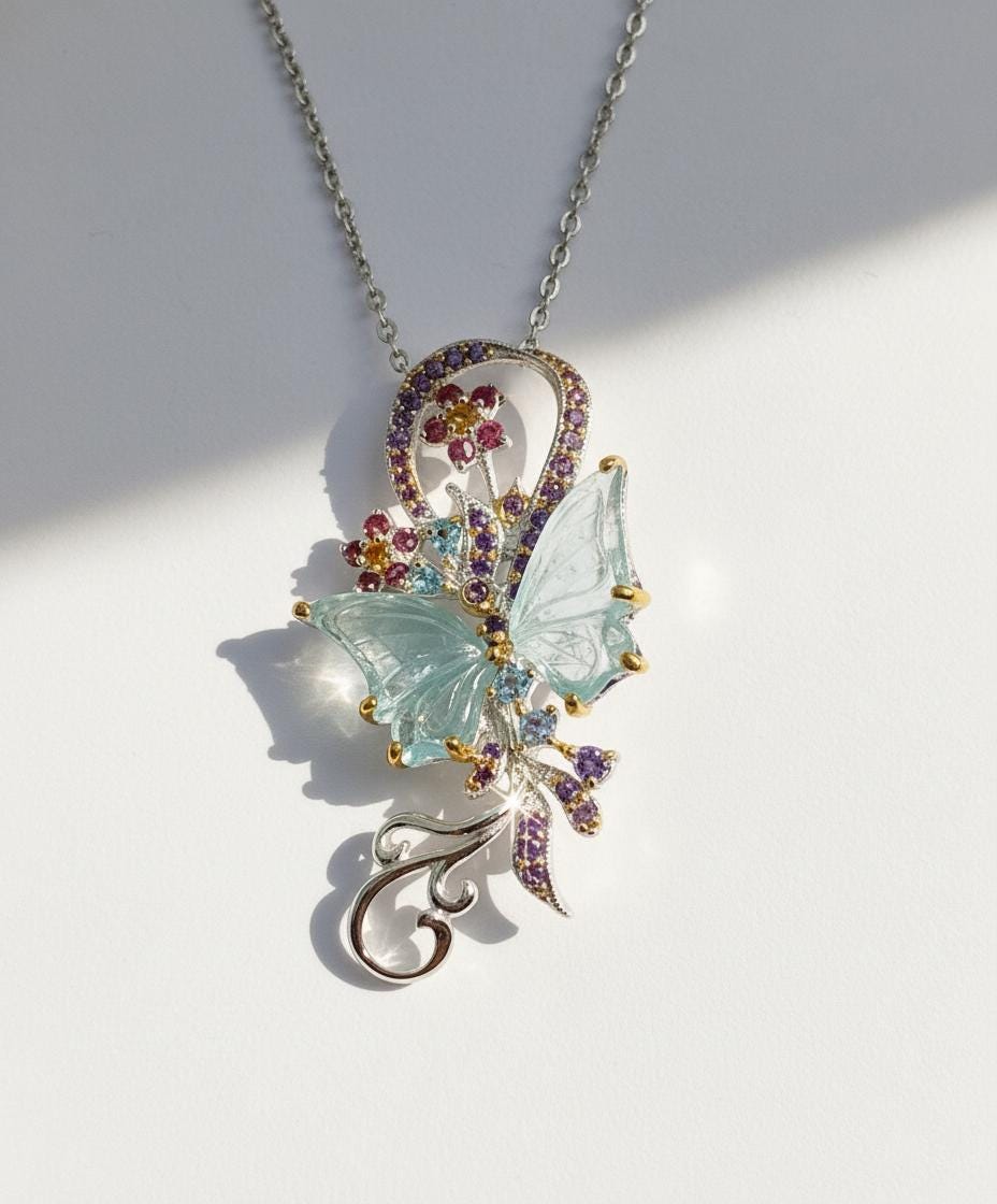 925 Sterling Silver Aquamarine Butterfly Necklace, pendant detail