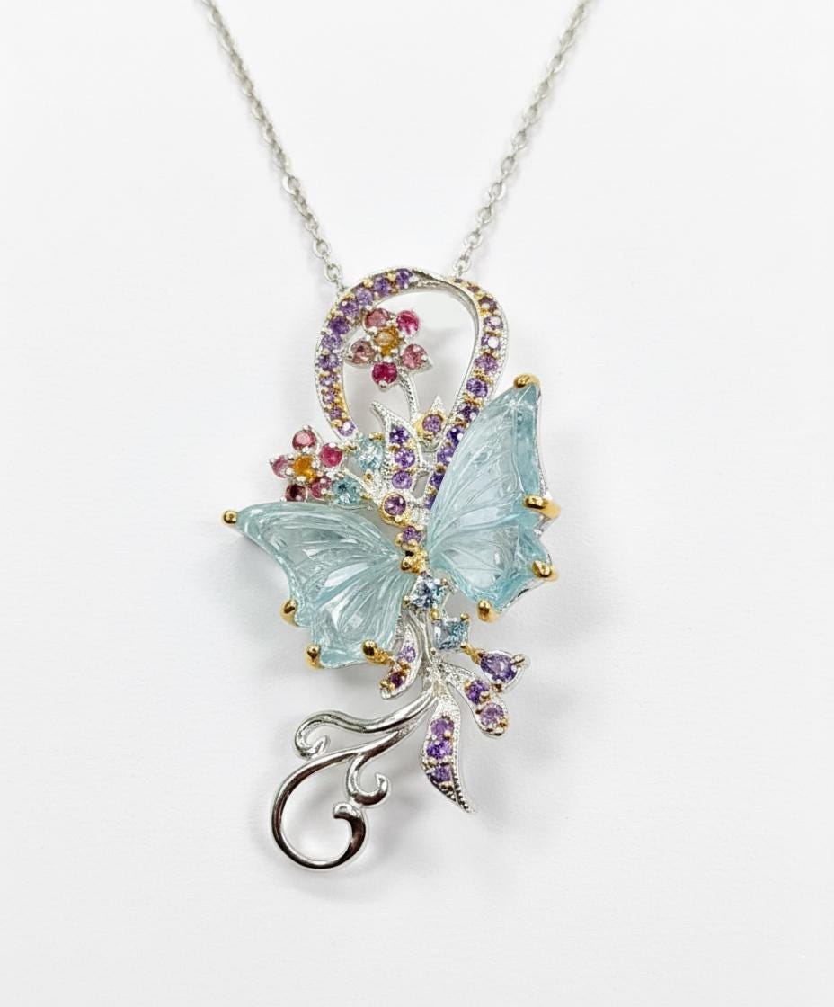 925 Sterling Silver Aquamarine Butterfly Necklace, additional angle