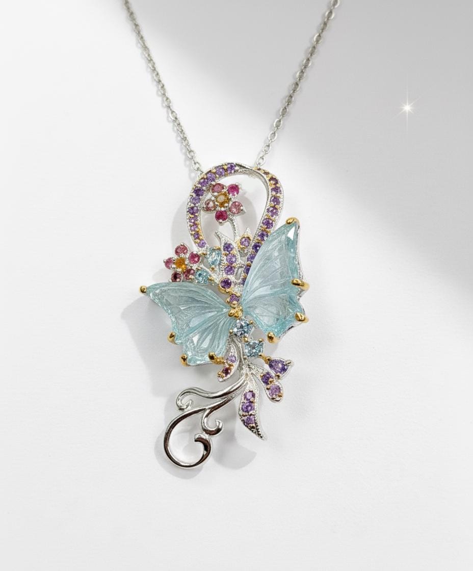 925 Sterling Silver Aquamarine Butterfly Necklace, layered look