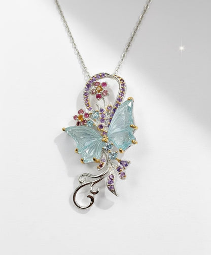 925 Sterling Silver Aquamarine Butterfly Necklace, layered look
