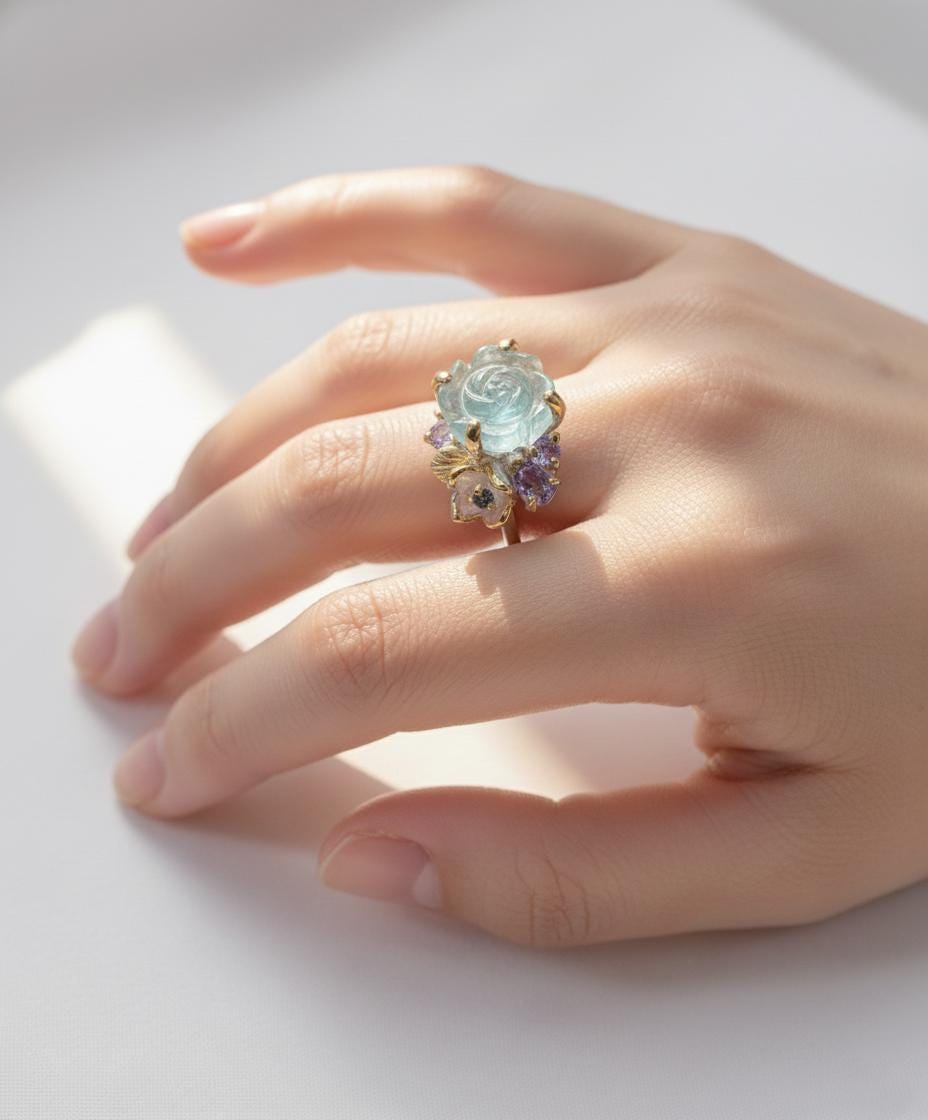 925 Sterling Silver Aquamarine Ring, close-up detail