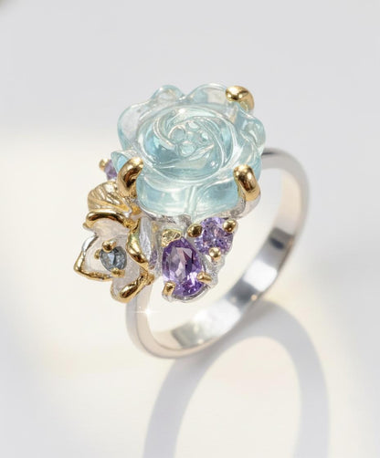 925 Sterling Silver Aquamarine Ring, worn on hand