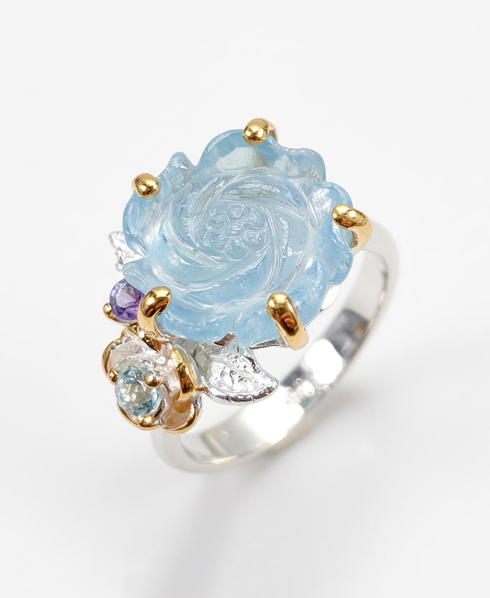 925 Sterling Silver Aquamarine Promise Ring, worn on hand