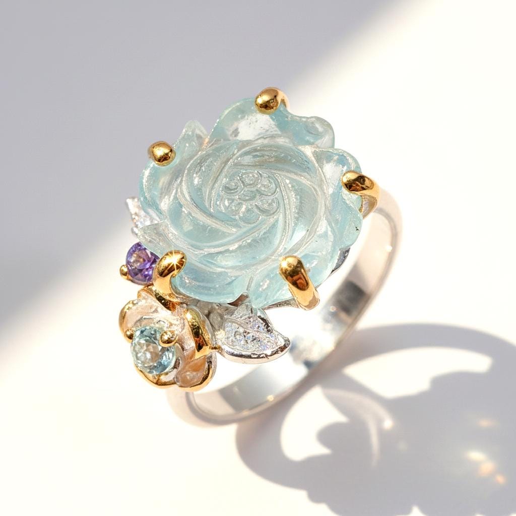 925 Sterling Silver Aquamarine Promise Ring, setting detail