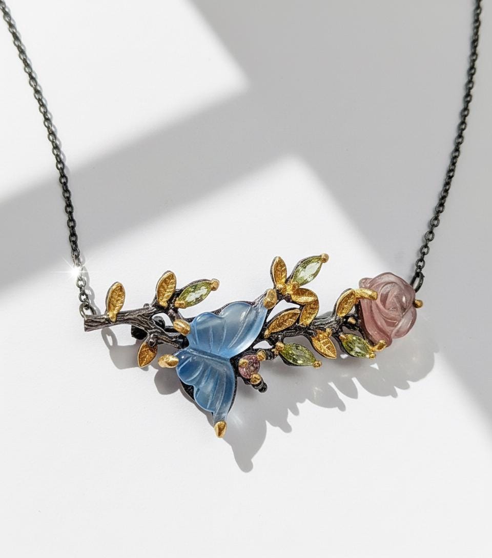 925 Sterling Silver Aquamarine Tourmaline Necklace, close-up detail