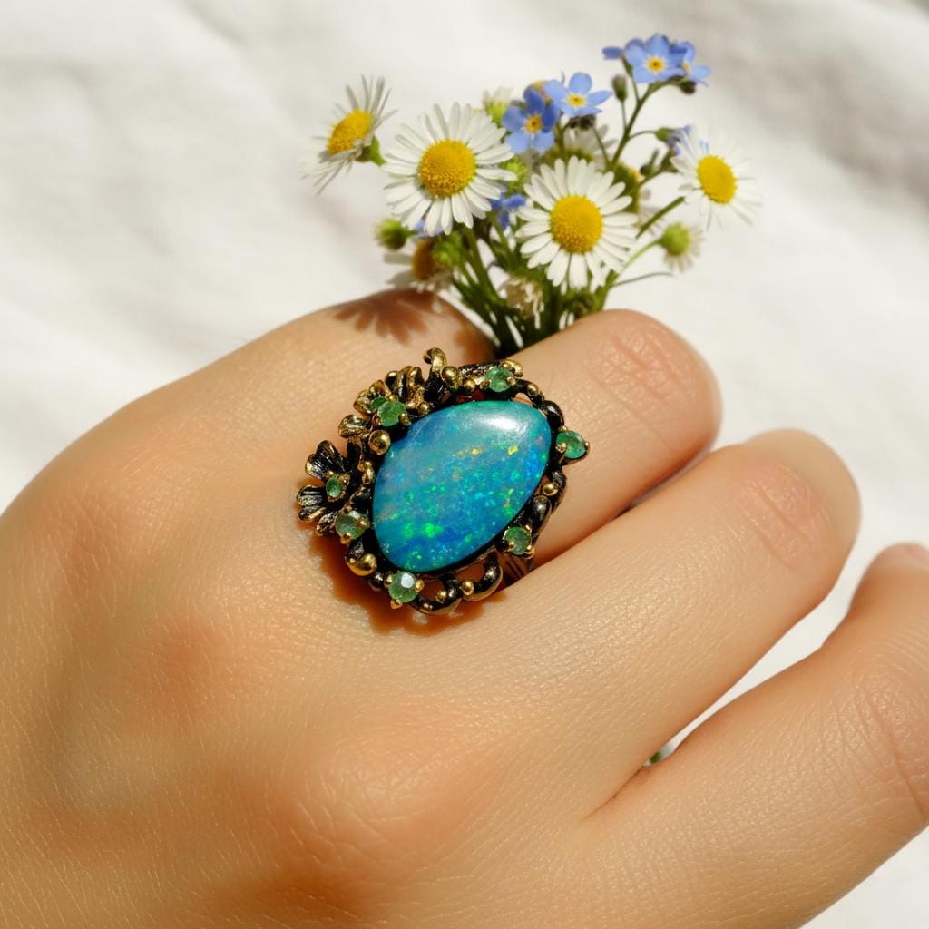 925 Sterling Silver Australian Opal Ring, texture close-up