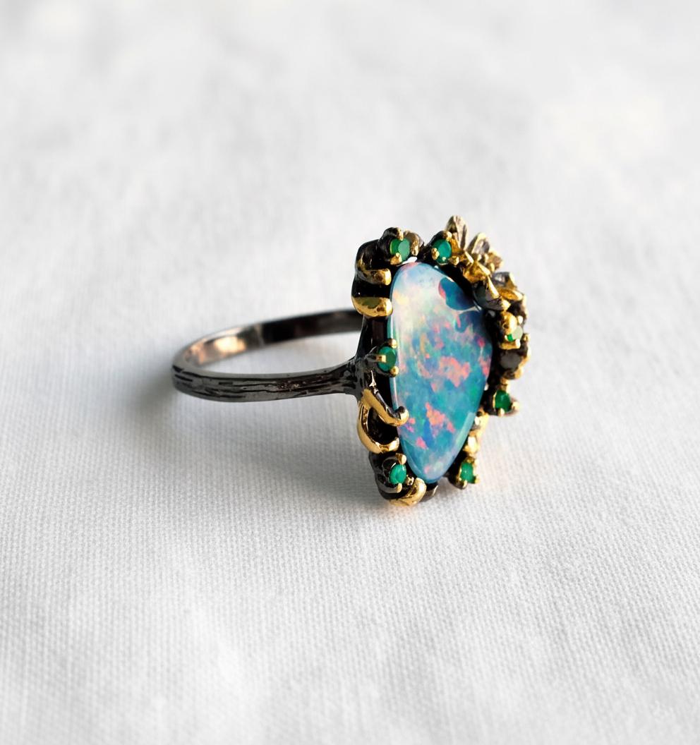 925 Sterling Silver Australian Opal Ring, worn look