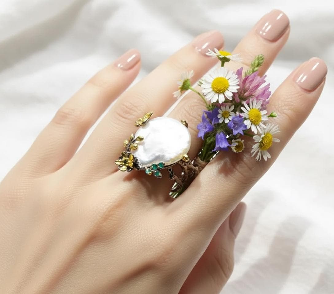 925 Sterling Silver Baroque Pearl Ring, side view